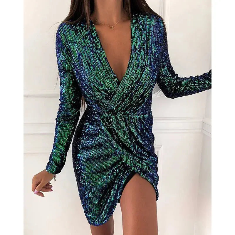 Midnight Sparkle Mini Dress on a hanger, showcasing its vibrant sequins and design.