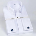 Flat lay of the French cuff dress shirt with cufflinks and tie.