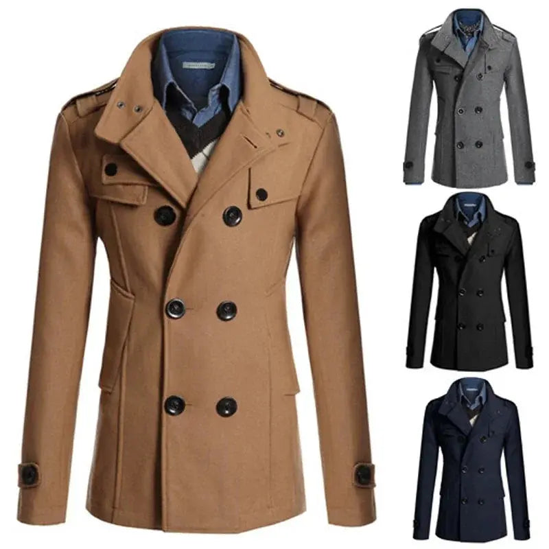 Men's woolen overcoat in deep navy, featuring a classic single-breasted design.