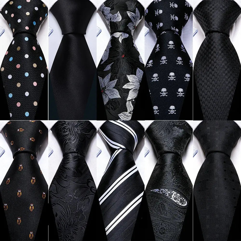 Black silk tie set with matching cufflinks and handkerchief