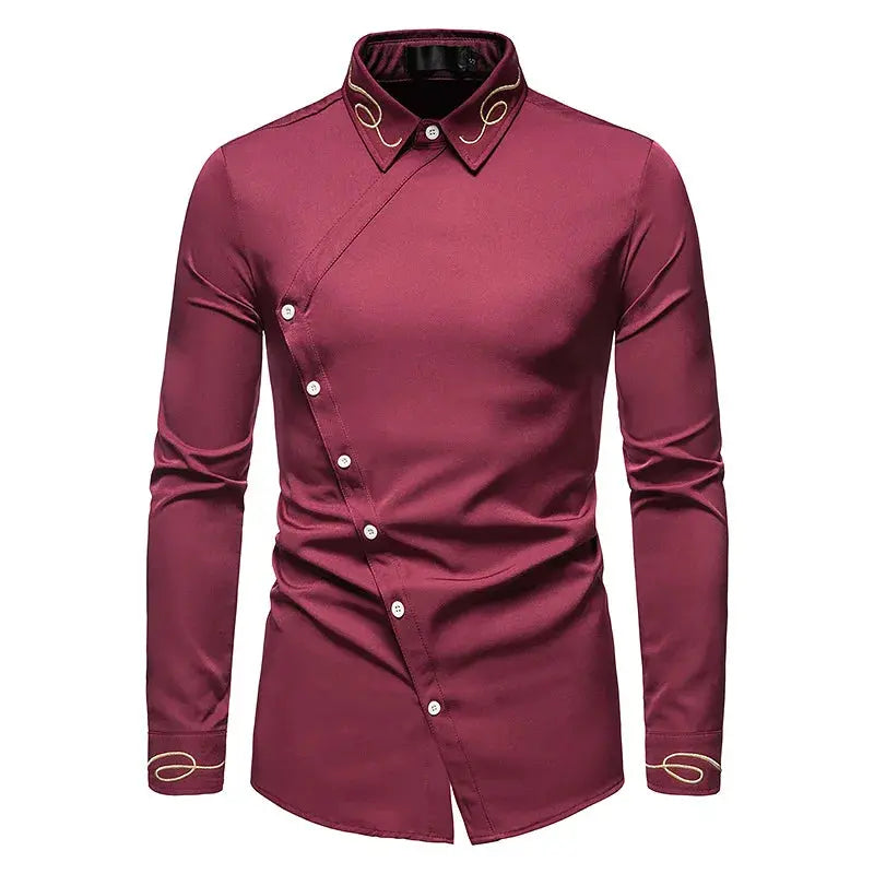 White dress shirt with modern diagonal button design and embroidered craftsmanship