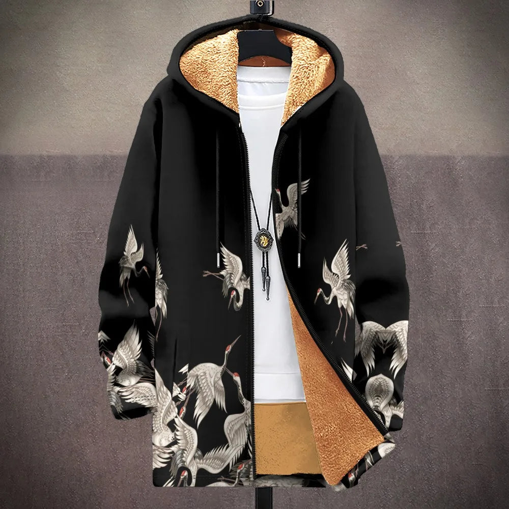 Abstract art-print puffer coat with functional hood and thick insulation for warmth