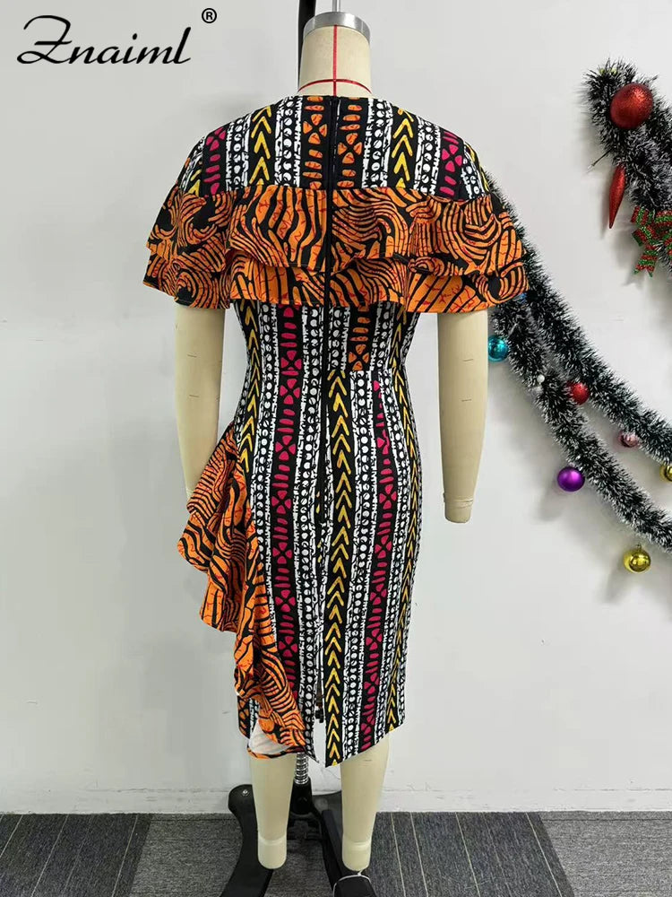 African Festival Print Ruffles Bodycon Midi Dress