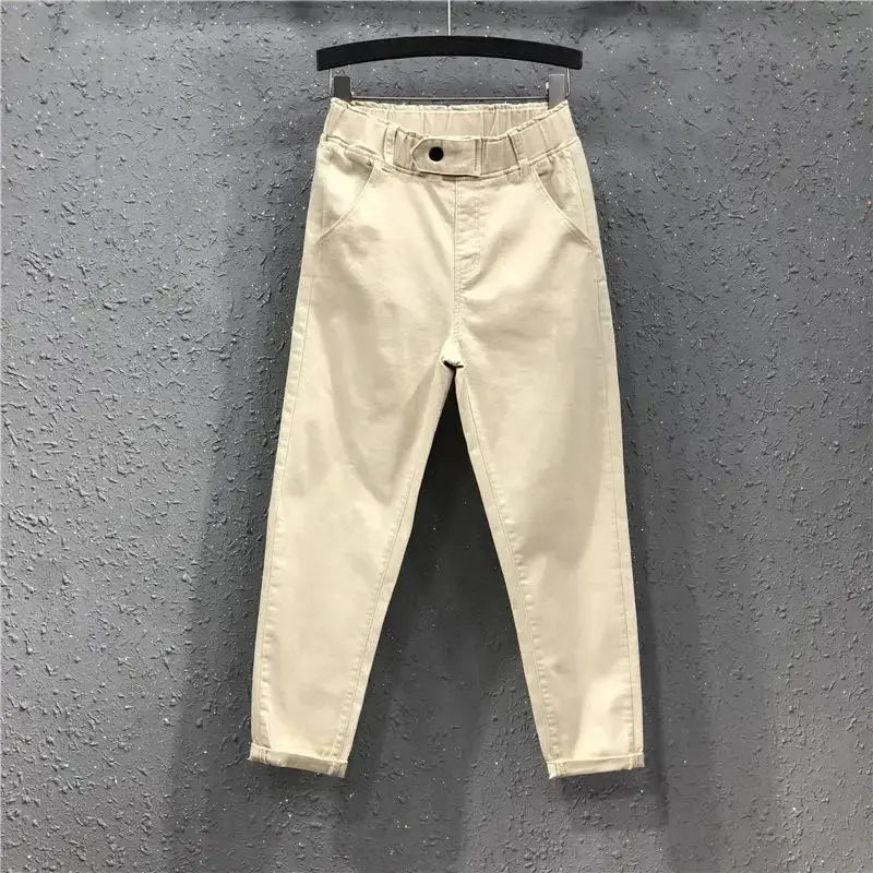 Side view of cropped Whisper-Soft Denim jeans with soft cotton-polyester material.