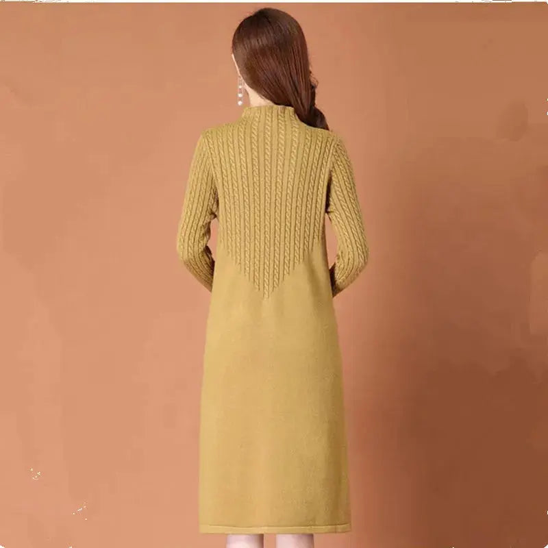 Vibrant yellow Cozy Elegance Knit Dress, perfect for winter warmth and office chic style.