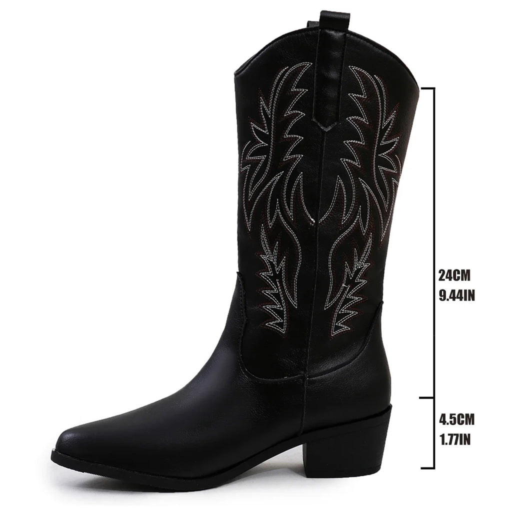 Western mid-calf boots featuring artisan embroidery and convenient zip closure