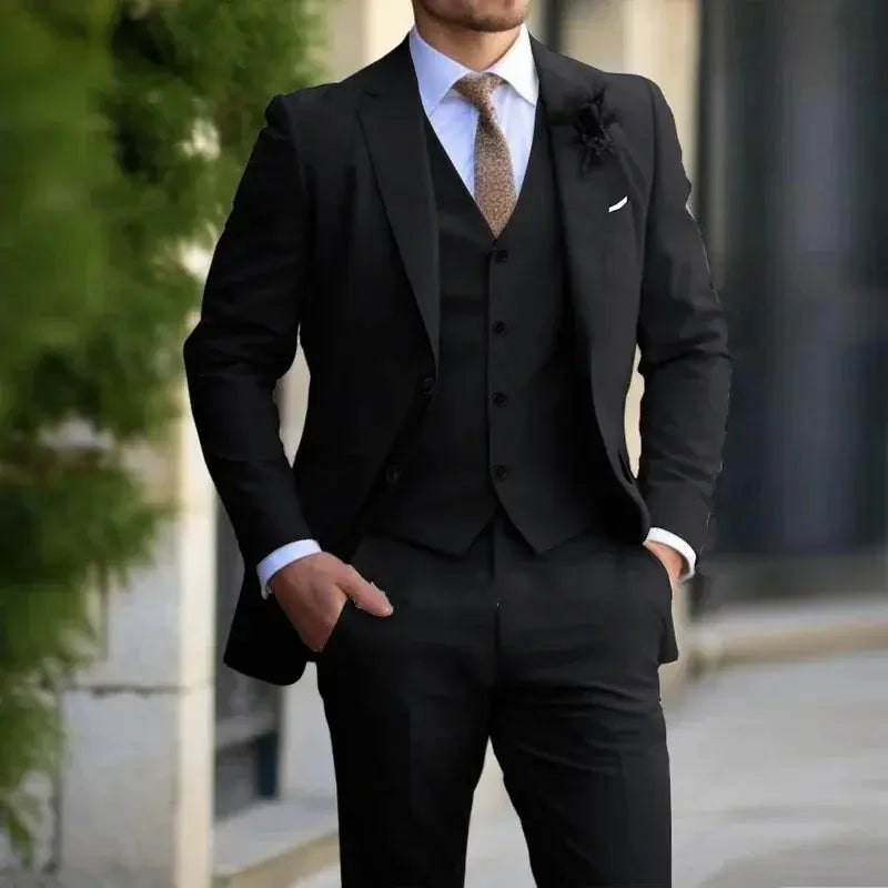 Back view of the tailored black and grey suit set highlighting the streamlined aesthetics.