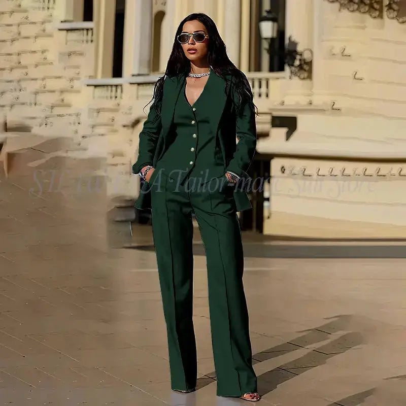 Model posing in the tailored suit, embodying power dressing.