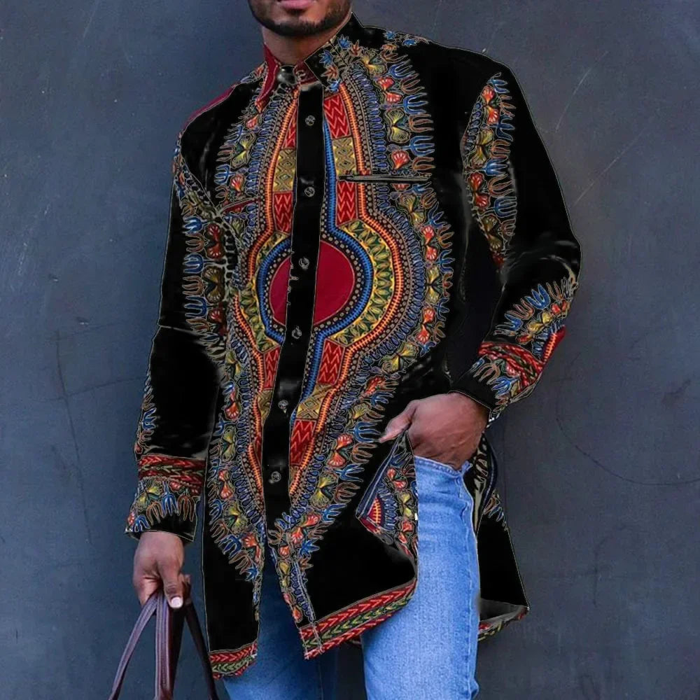 African Men's Ethnic Print Long Sleeve Traditional Shirt