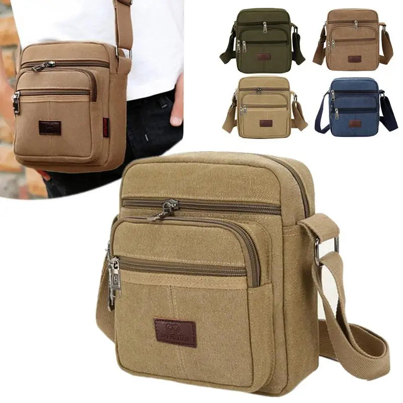 Multi-layer waterproof canvas crossbody bag in solid color with adjustable strap and flap closure
