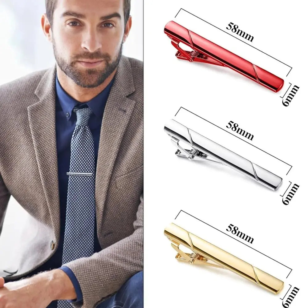 Varied designs of copper tie clips presented in a sophisticated black gift box.