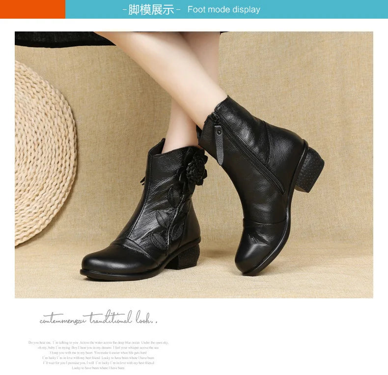 Waterproof mid-calf boots with romantic floral design and cotton-lined interior
