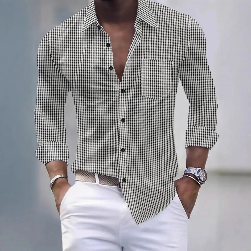 Crisp autumn plaid shirt in soft polyester, perfect for business casual wear.