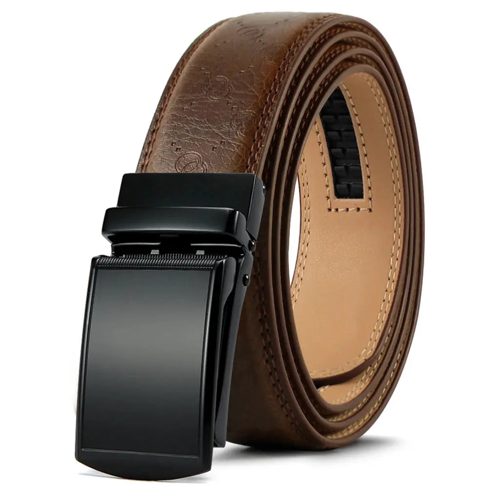 Adjustable leather belt with a sleek buckle, perfect for enhancing any outfit.