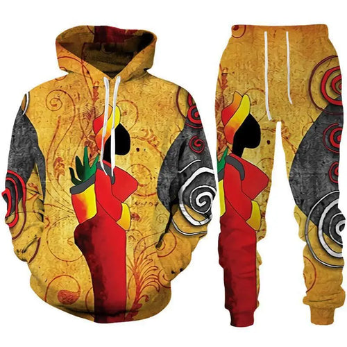 Bold African-inspired 3D printed tracksuit set with matching hoodie and pants
