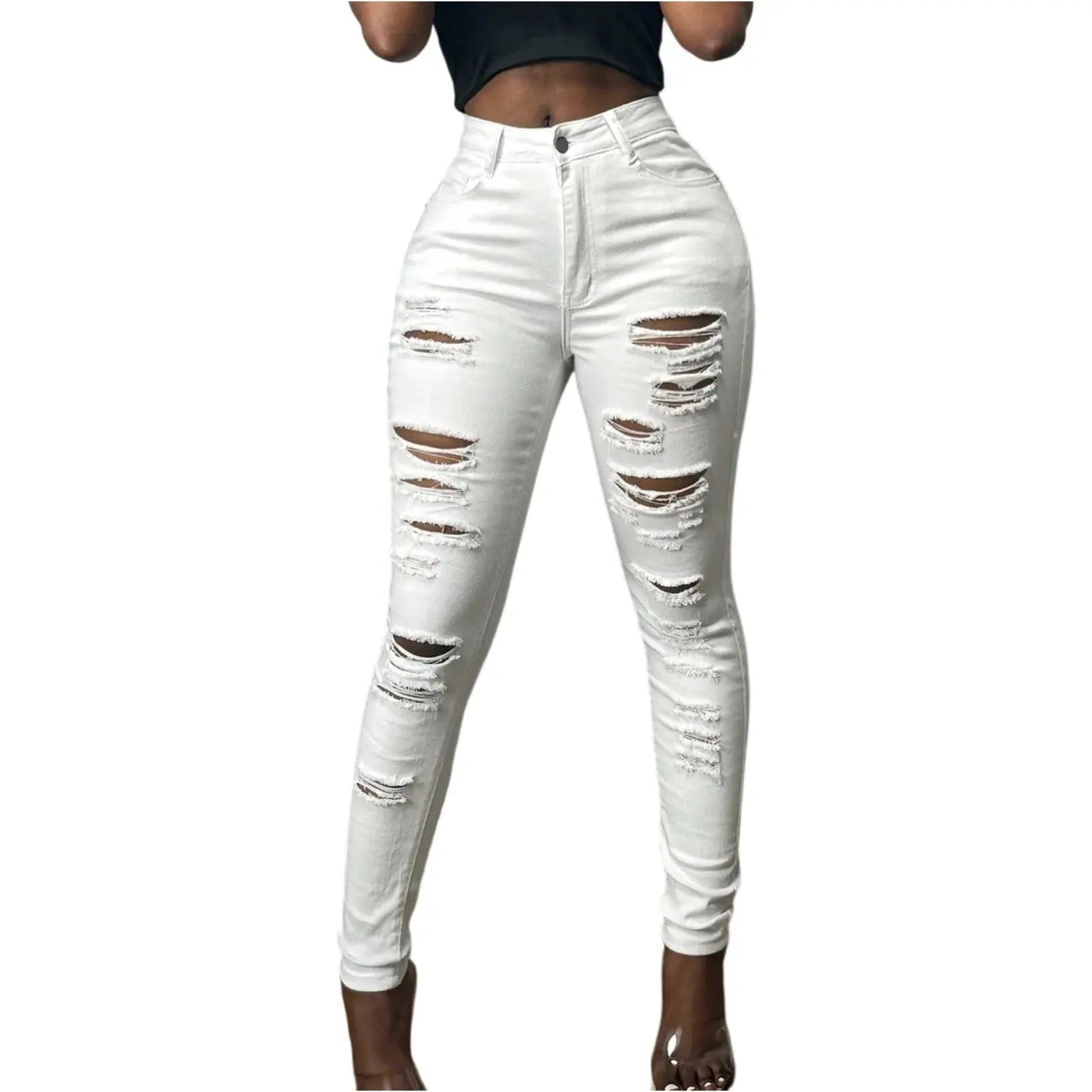 Close-up of distressed detailing on stretchy black denim jeans showing premium fabric texture and edgy style