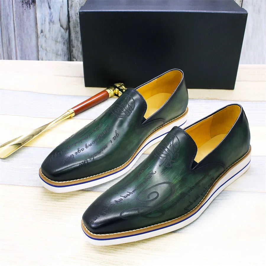 Slip-on leather loafers with distinctive laser-cut design for effortless sophisticated style