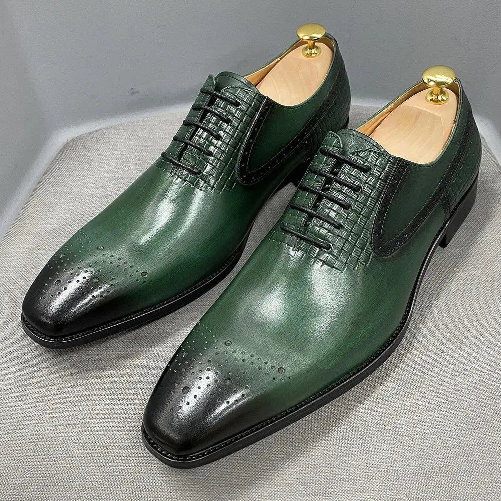 Formal attire styled with handcrafted green Oxford elegance.