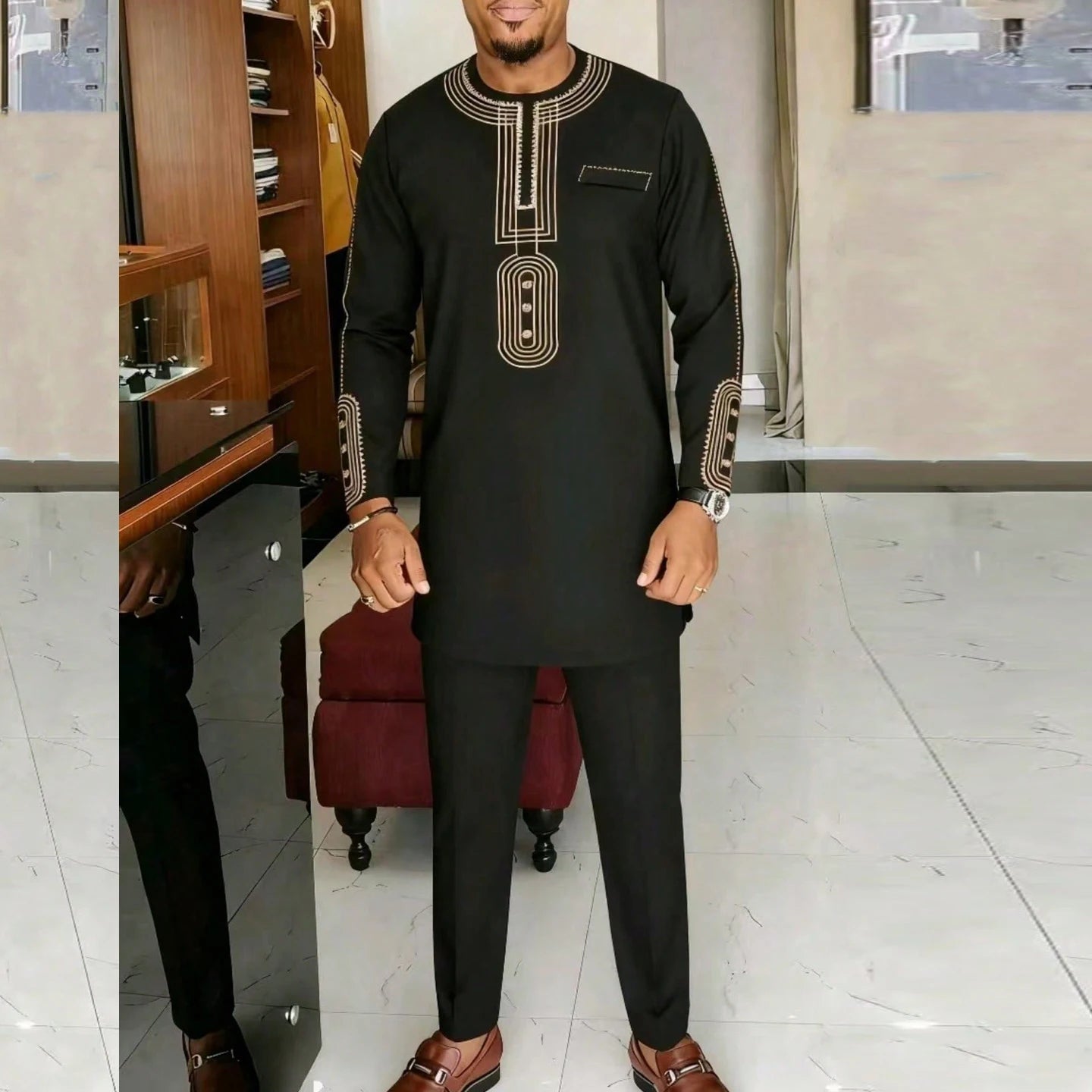 Men's African Kaftan 2-Piece Set – Long Sleeve Blouse & Pants
