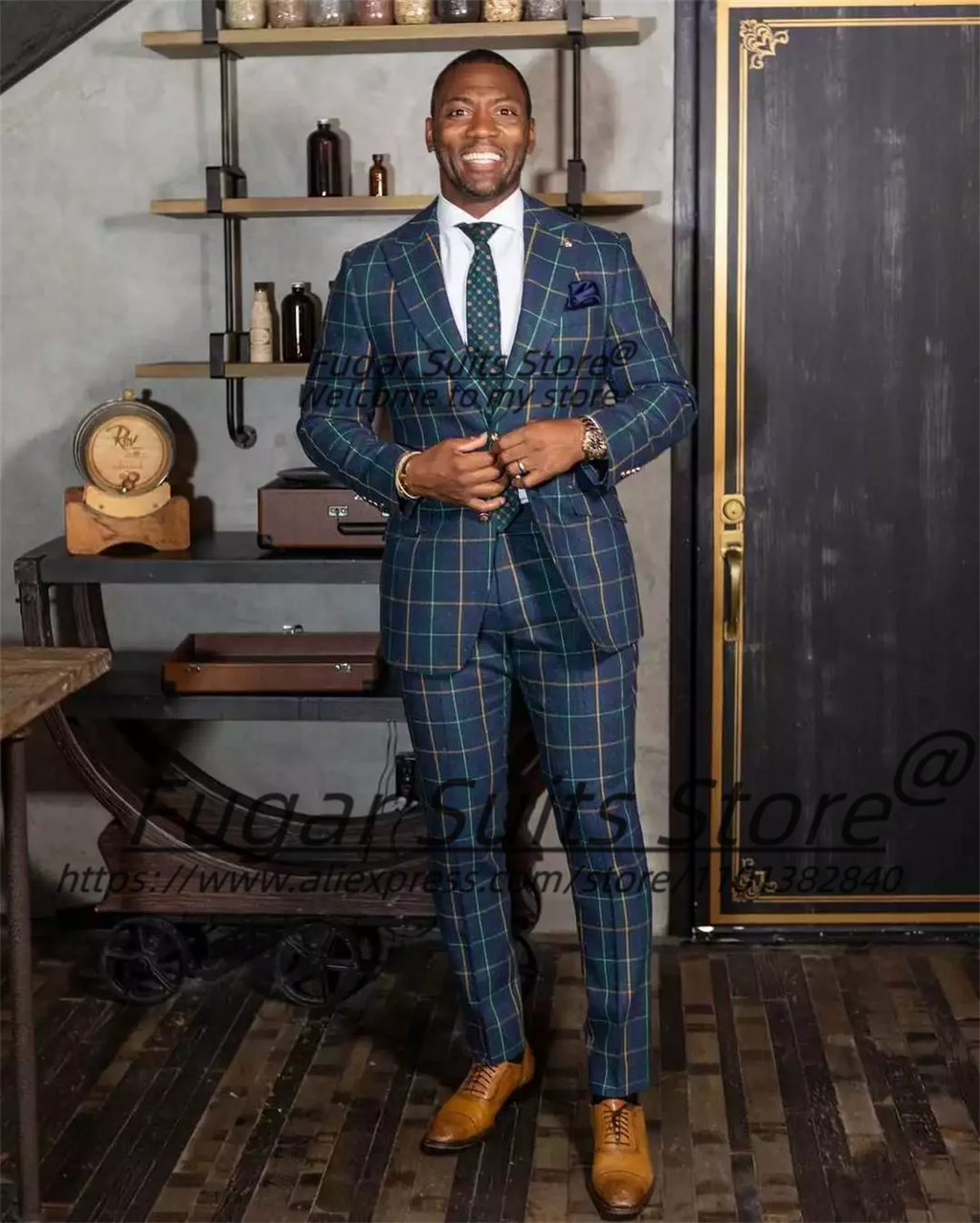 Man wearing plaid slim-fit suit blazer showing modern tailored silhouette and structured shoulders