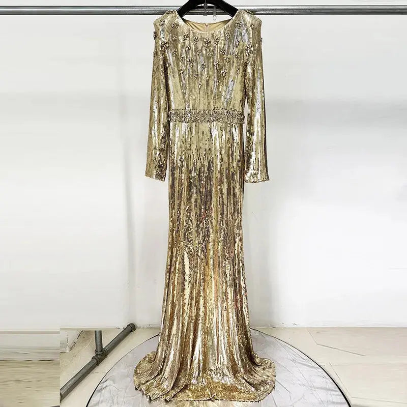 Gown displayed on a hanger, showcasing its all-season appeal for formal occasions.