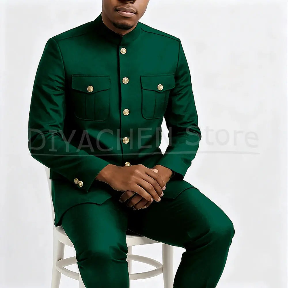 Close-up of tailored suit's sharp silhouette and clean lines.