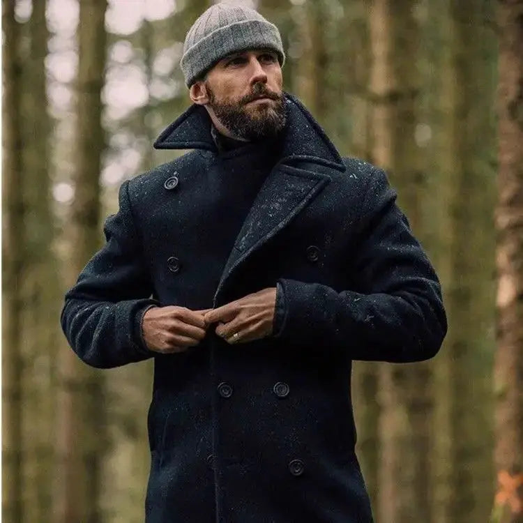 Winter Whisperer Tweed Peacoat styled with casual winter attire, perfect for outdoor gatherings.