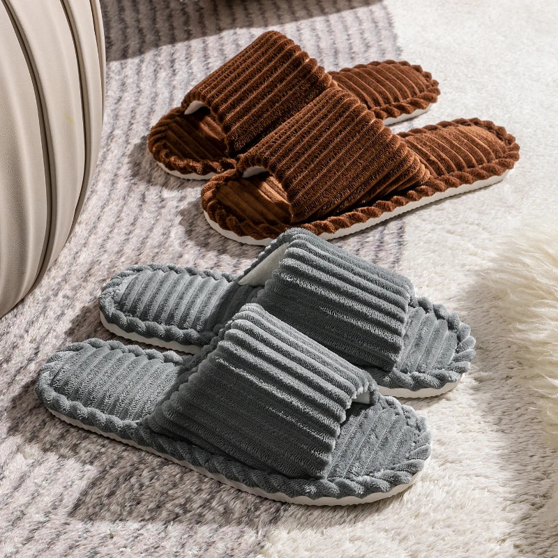 Anti-slip EVA sole of cozy corduroy slippers for stable indoor movement.