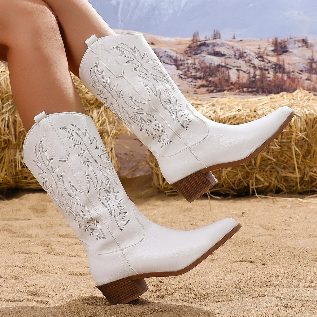 Waterproof mid-calf boots featuring vintage Western embroidery and stable heel