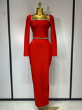 Radiant red sheath dress with intricate beading and a slim silhouette for a polished look.