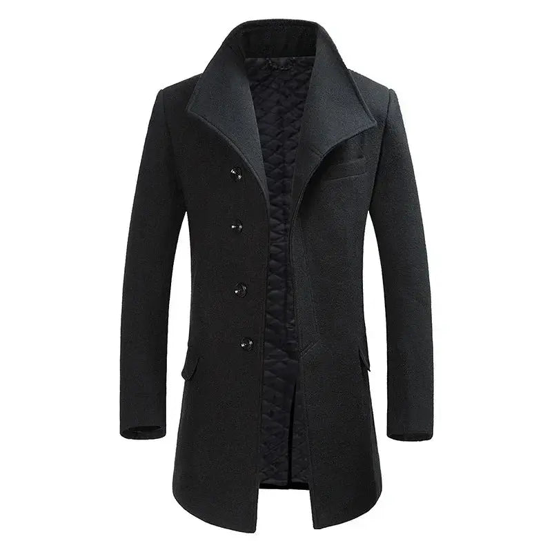 Model wearing the Winter's Embrace overcoat, styled for a business casual look in an urban winter setting.