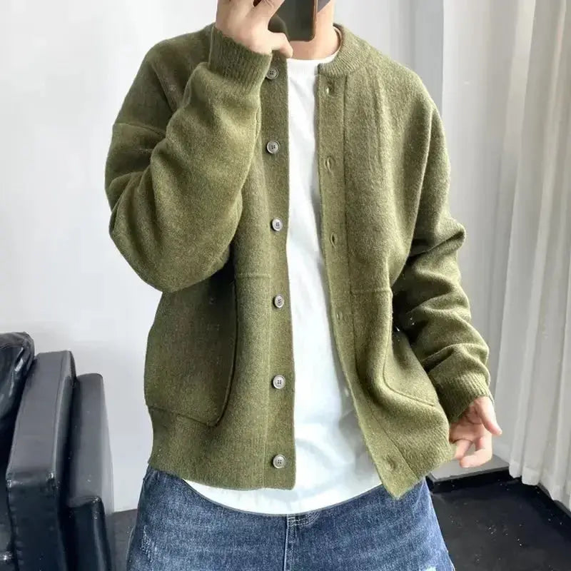 Men's classic cardigan in neutral color, featuring O-neck and single-breasted design for winter warmth.