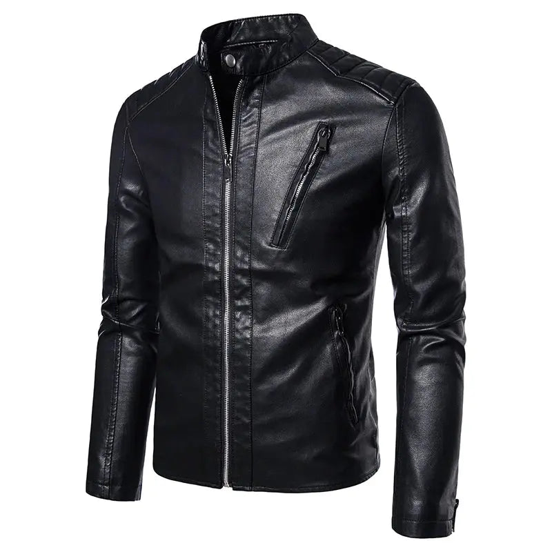 Urban Sleek leather jacket in black, featuring a smooth outer finish and plush polyester lining.