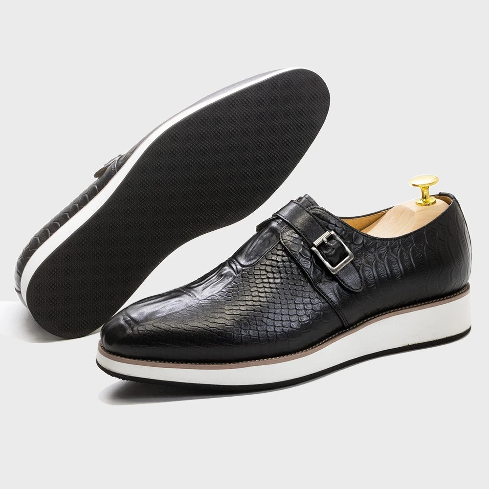 Handcrafted Garmorit monk strap dress shoes featuring genuine crocodile-embossed leather texture