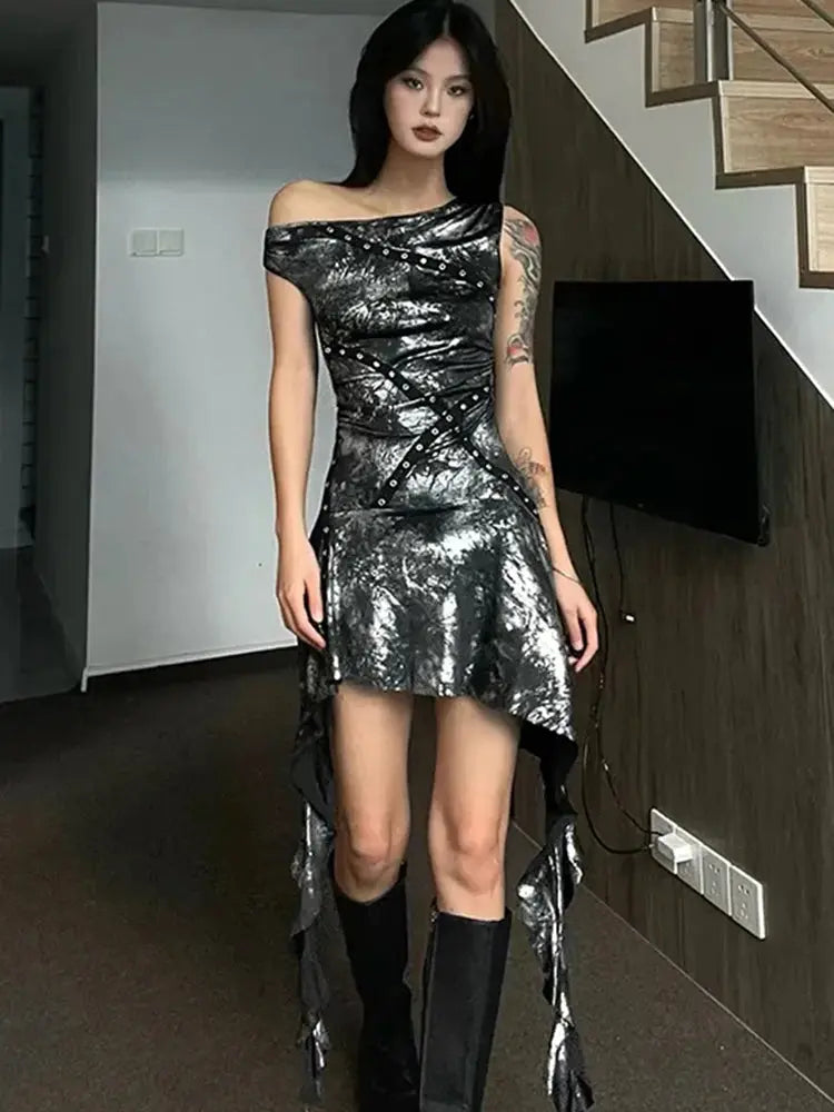 Full-length shot of the dress in a vibrant nightlife setting, perfect for a night out.