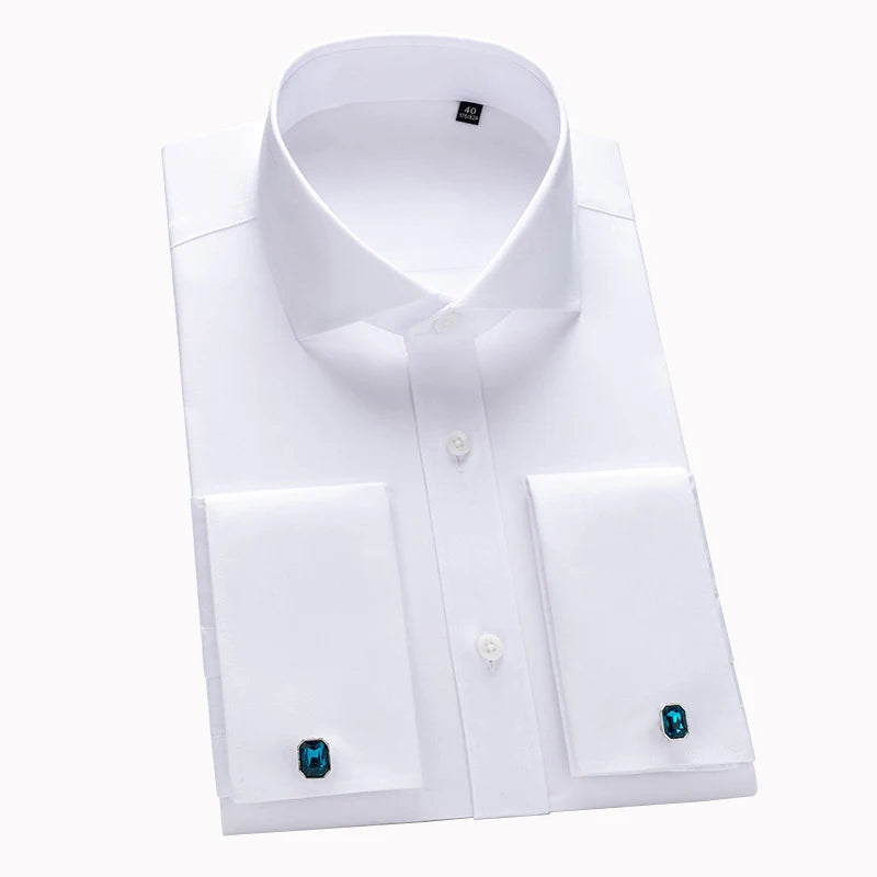 Premium white cotton dress shirt with button front and French cuffs laid flat