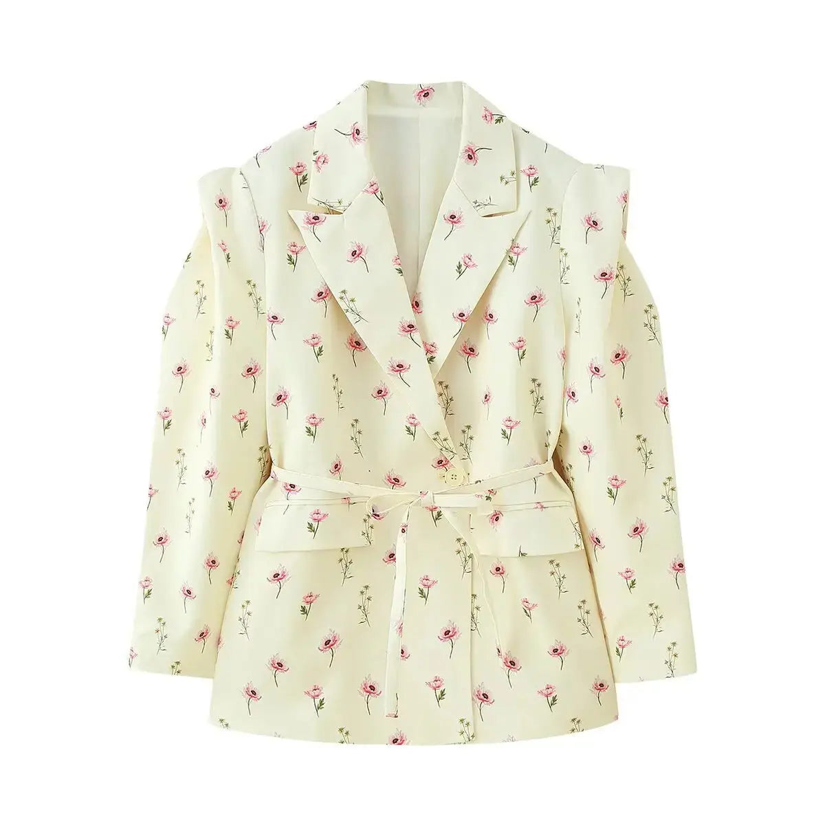 Floral Whisper Belted Jacket displayed on a hanger, featuring its elegant floral pattern and modern cut.