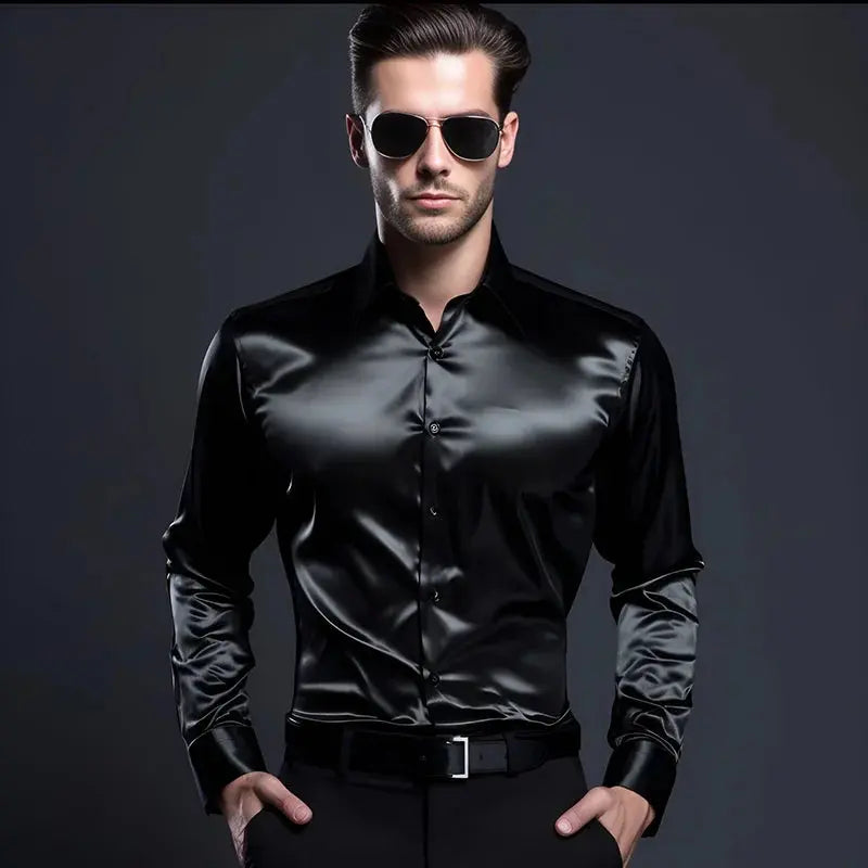 Model wearing Silken Touch shirt, demonstrating its flexible fit and sophisticated style in a professional setting.