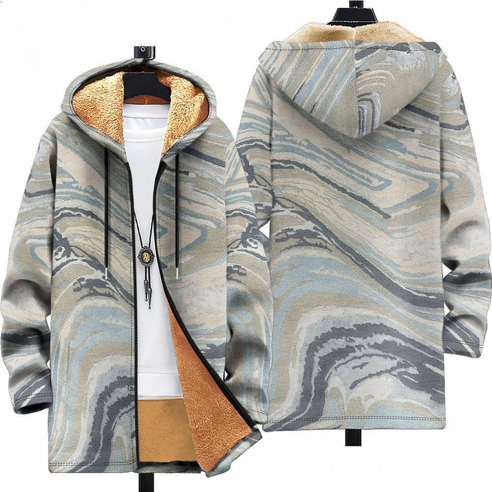 Abstract print hooded puffer with soft fabric and cold-weather protection