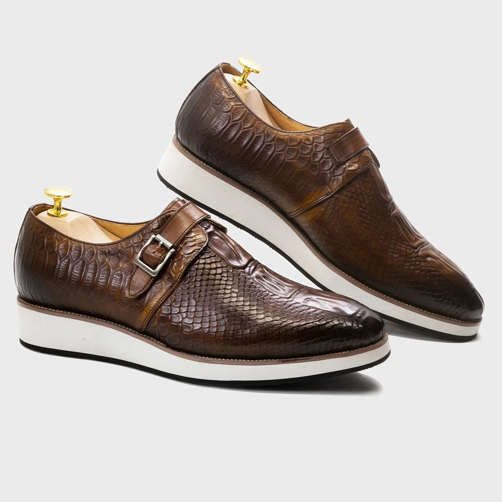 Refined Edge crocodile leather monk strap shoes in black with signature hasp buckle closure
