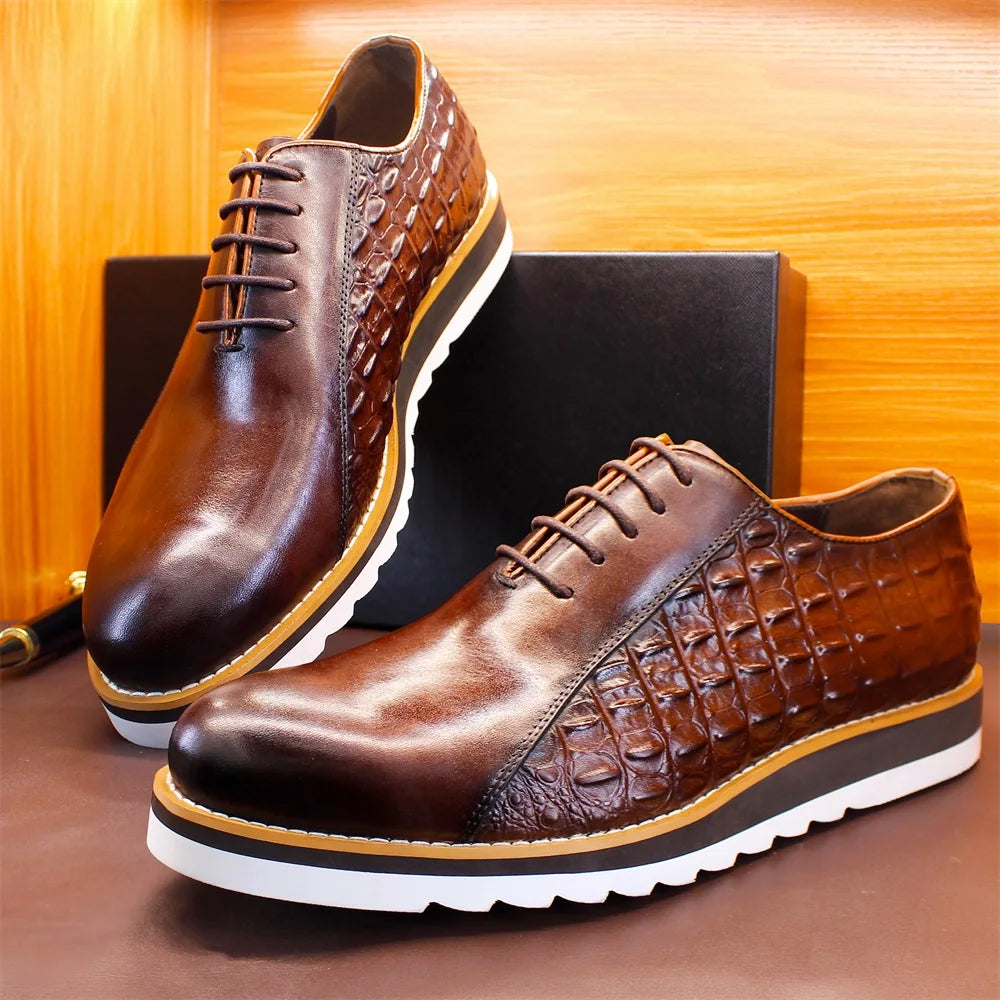 Men's executive oxford shoes featuring crocodile embossed leather and classic lace-up design