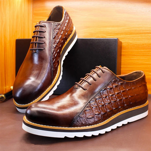 Men's executive oxford shoes featuring crocodile embossed leather and classic lace-up design