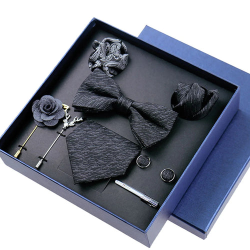 Complete 8-piece formal accessory set with tie and cufflinks in blue floral pattern
