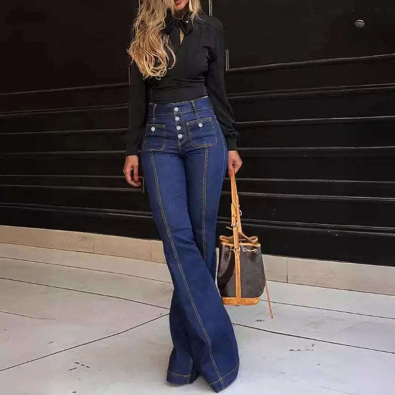 Back view of high-waist jeans highlighting the flattering fit and wide-leg design.