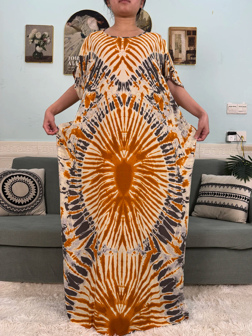 African Cotton Printed Loose Boubou Muslim Abayas Set with Lace Scarf