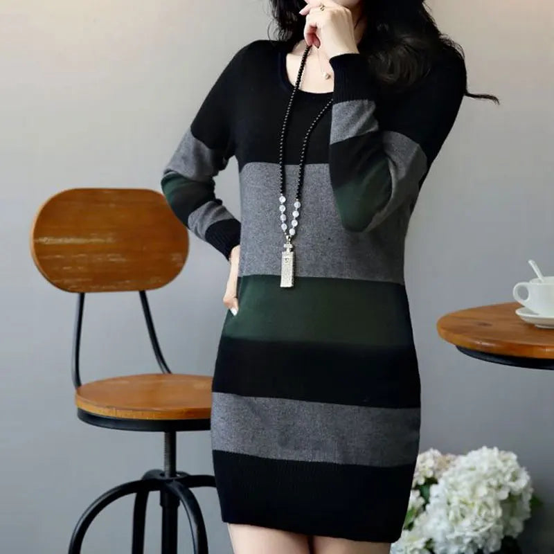 Back view of the Autumn Whisper dress highlighting its unique striped design.