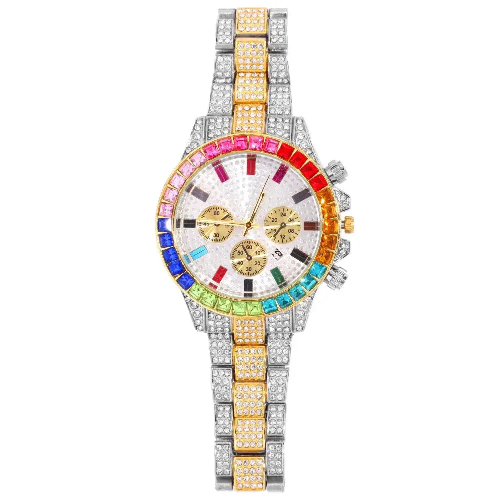 Fashion influencer accessory: iced-out watch and bracelet set on a vibrant display.