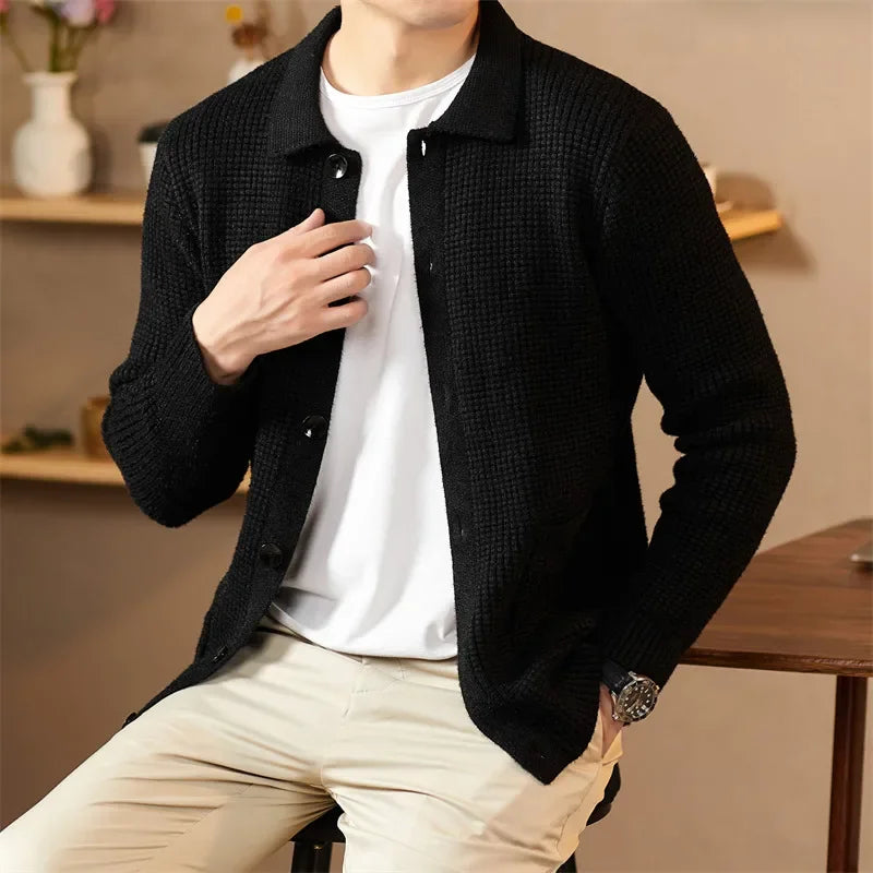 Textured Autumn Whisper Cardigan showcasing a tailored fit for stylish comfort.