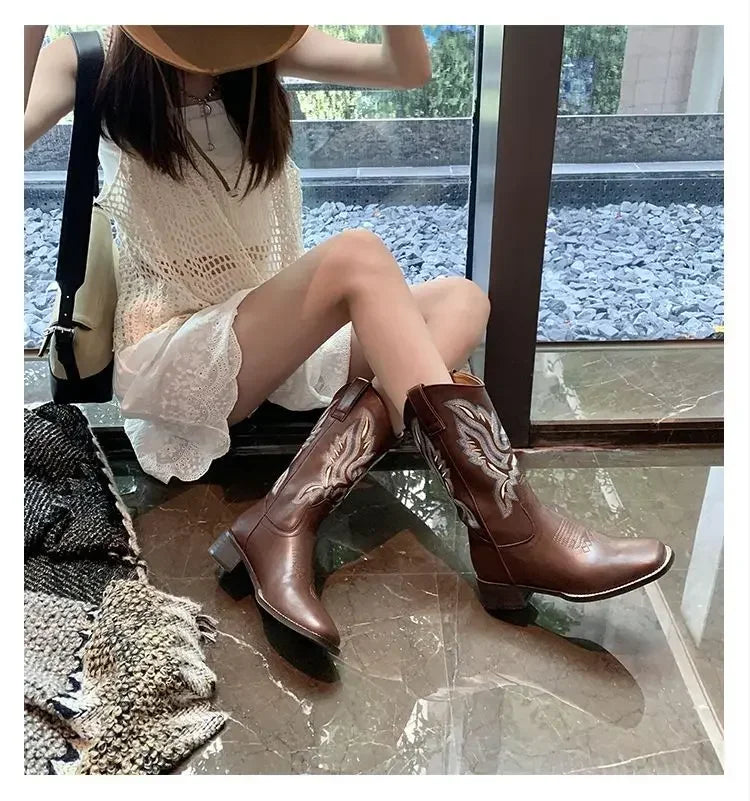 Genuine leather boots with Western embroidery details and easy slip-on access