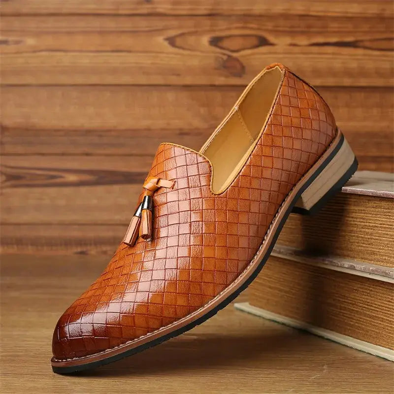 Close-up of split leather texture on Command the Room loafers.